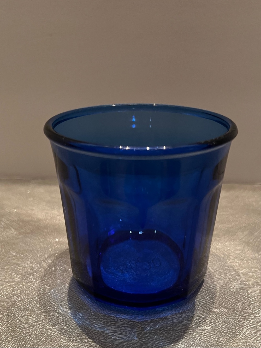 One (1) Vintage Cobalt Blue 10-Panel 500 ml Working Glass . Luminarc Arcoroc.